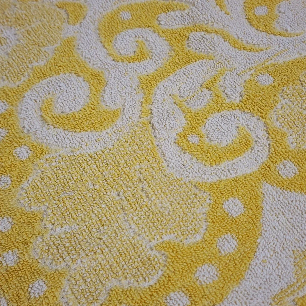 Vintage Yellow White Damask Floral Terry Cloth Bath Towel Retro Mid Century